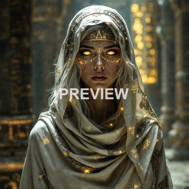 A woman with glowing golden eyes and mystical golden symbols on her face, wearing a hooded cloak adorned with similar symbols, stands in an ancient, dimly lit stone structure with intricate architecture.